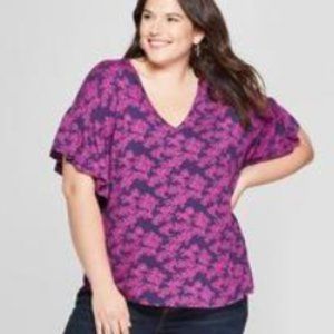 Floral Print V Neck Ruffle Short Sleeve  -79-90